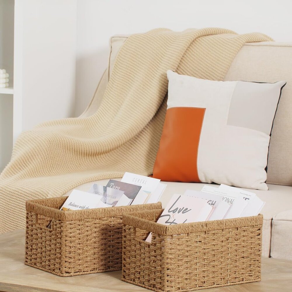 Round Paper Rope Storage Baskets, Rectangular Wicker Baskets with Built-in Handl - Picture 2 of 7